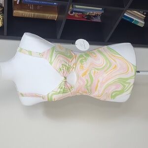 LOST + WANDER Radient River Pink Green Orange Marbled Open Back One Piece Swim